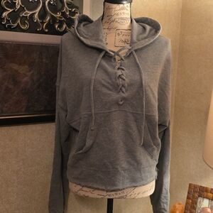 Hollister Charcoal Lace-Up Cropped Lightweight Boxy Sweatshirt Large EUC